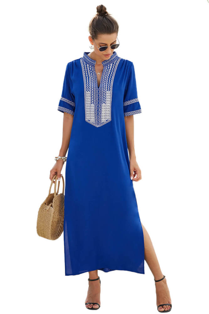 Blue Bohemian Floral Print Split Maxi Dress