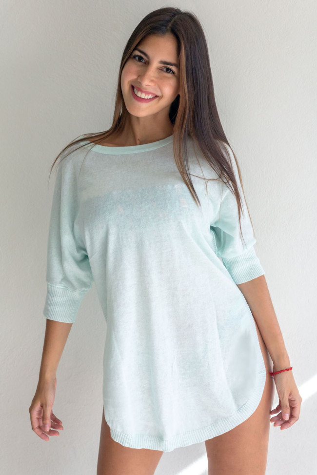 Sky Blue See-through Half Sleeve Beach Cover up
