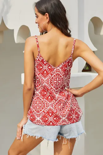 Red Spaghetti Strap Boho Printed Holiday Camisole