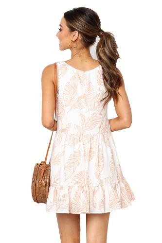 Beige Leaf Pattern Ruffled Summer Boho Dress
