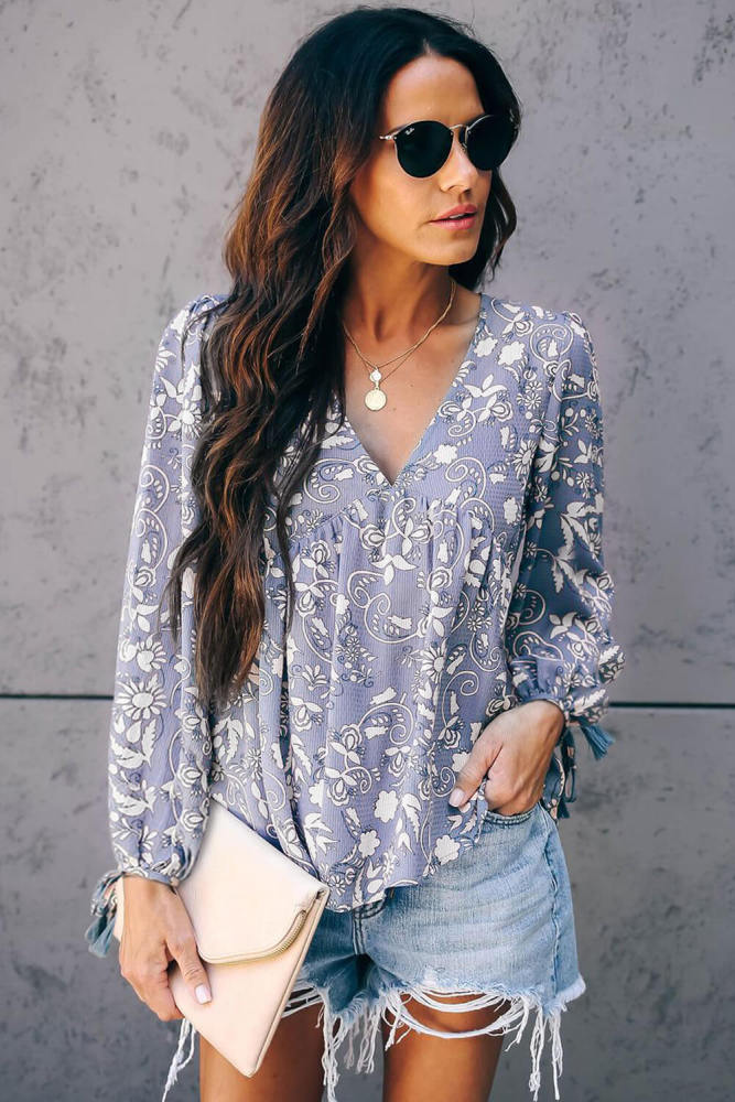 Gray Tassel Tie Blouse