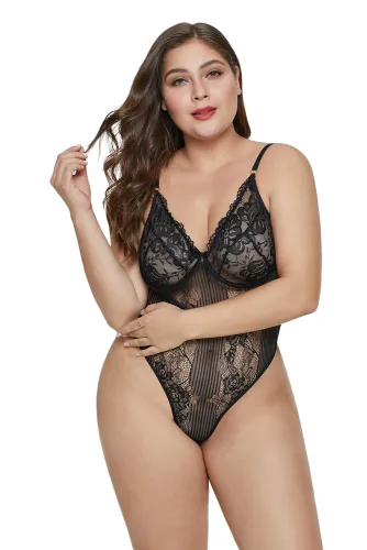 Black Sweet Floral Plus Size Teddy Lingerie