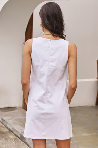 White Buttoned Pockets Sleeveless Dress