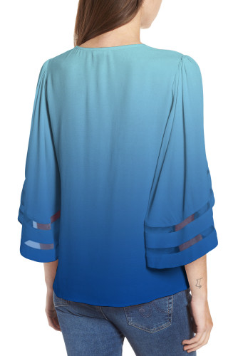 Blue Ombre Bell Sleeve V Neck Relaxing Fit Blouse