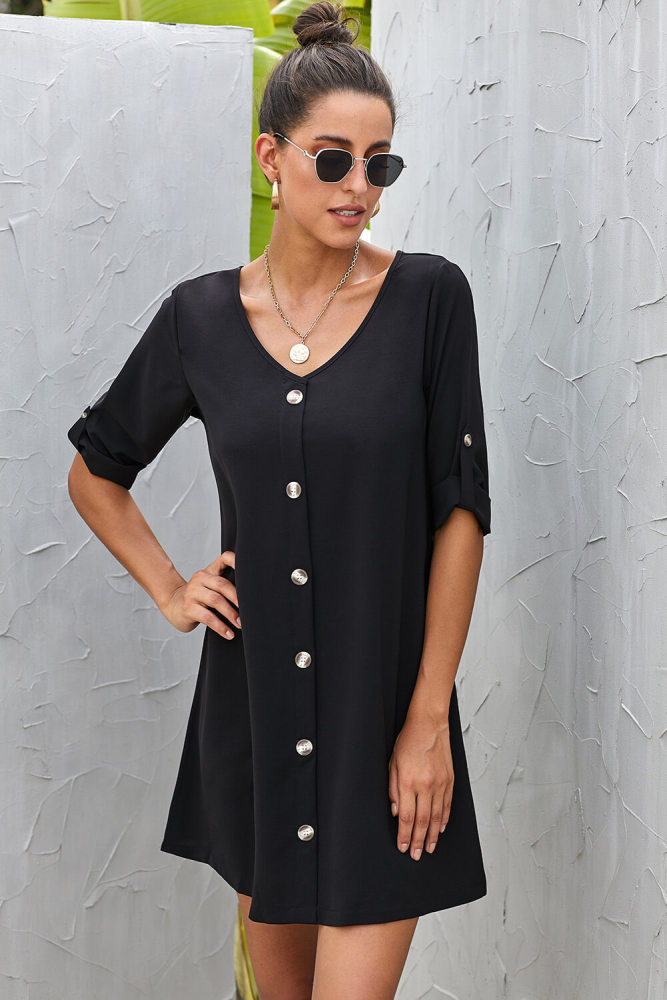 Black V Neck Button Front Roll up Tab Sleeve Dress
