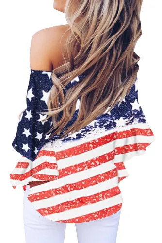 Stripes Stars Print Off The Shoulder Blouse