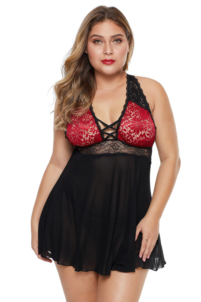 Plus Size Lattice Babydoll Set