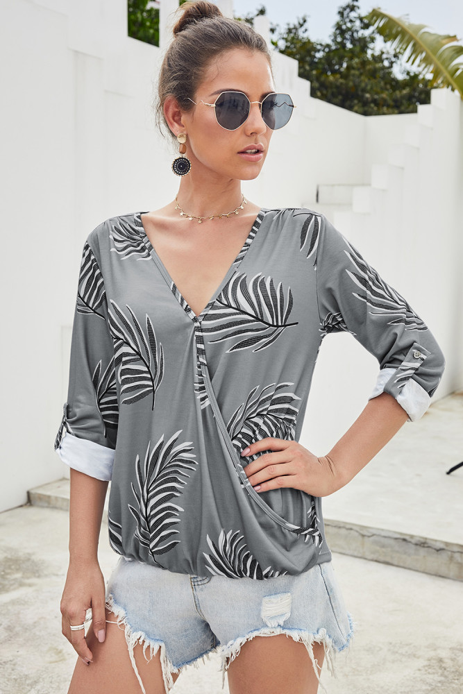 Gray Tropical Plant & Cross Print Shirt