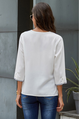 White Vintage Floral Print V-Neckline 3/4 Sleeves Blouse