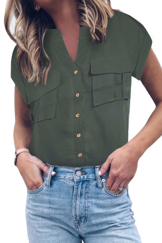Green Button Down Pocket Cap Sleeve Shirt