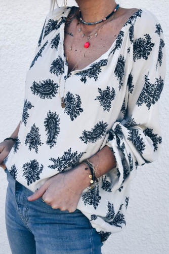 Blue 3/4 Sleeve Print V Neck Loose Casual Blouses Top