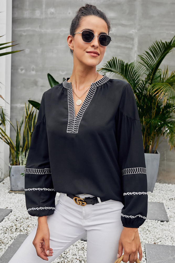 Black V Neck Bohemian Printed Lantern Sleeve Blouse