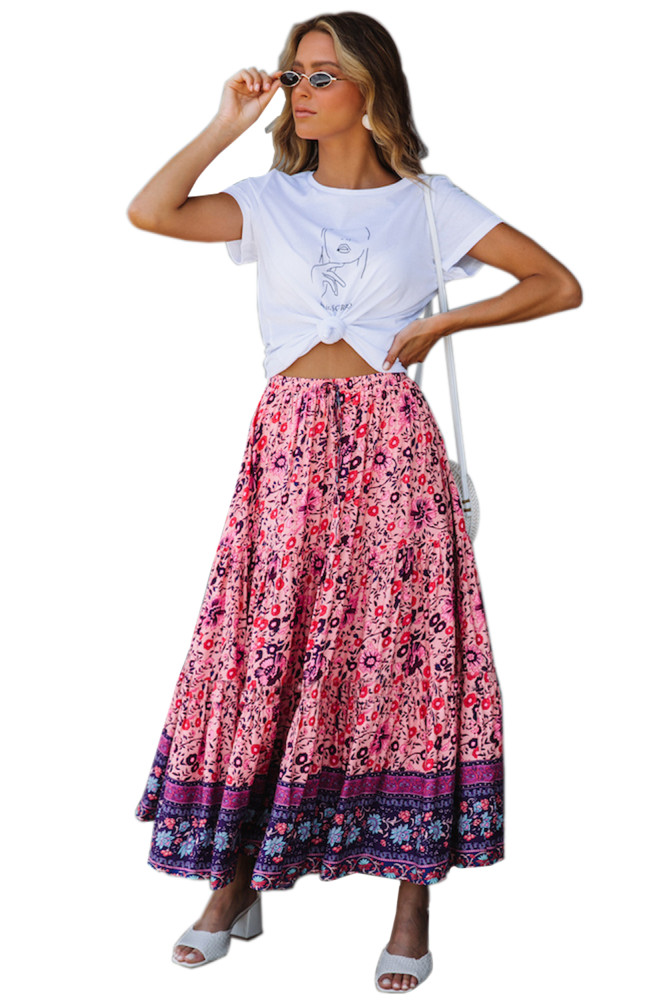 Purple Elastic Waist Floral Maxi Skirt