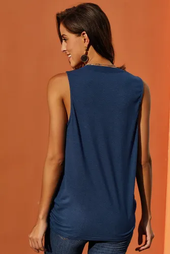Blue Crochet Yoke Sleeveless Top