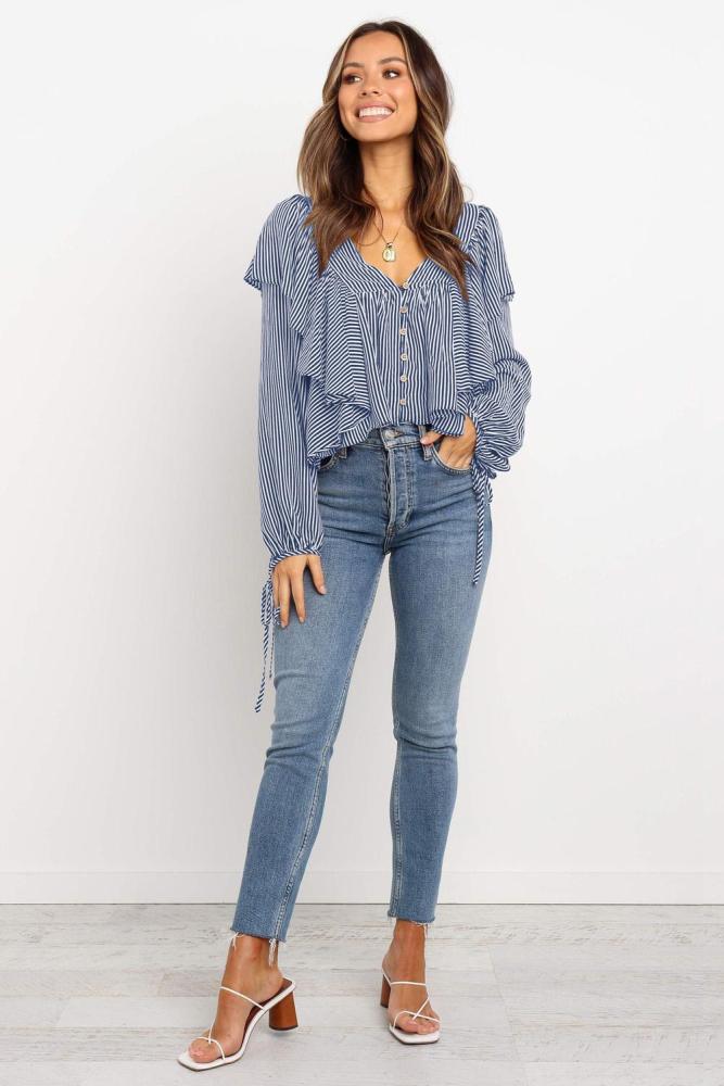 Sky Blue Button Ruffle&Tie Striped Shirt
