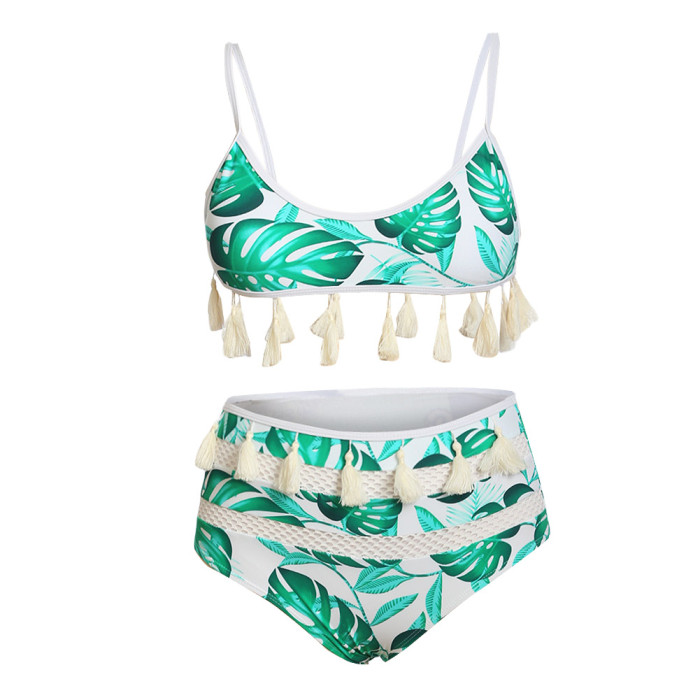 White Tropical Print Tassel High Waist Bikini