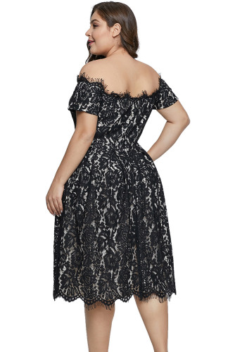 Black Short Sleeve Off-shoulder Lace Plus Size Dress