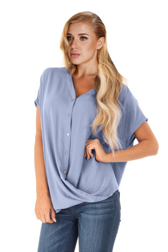 Sky Blue Short Sleeve Button up Blouse with Twisted