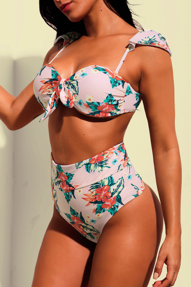 Vintage Floral Versatile Bandeau Bikini High Waist Swimsuit