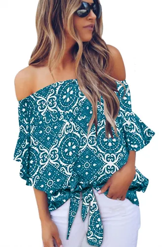 Sky Blue Bohemian Floral Print Off The Shoulder Blouse