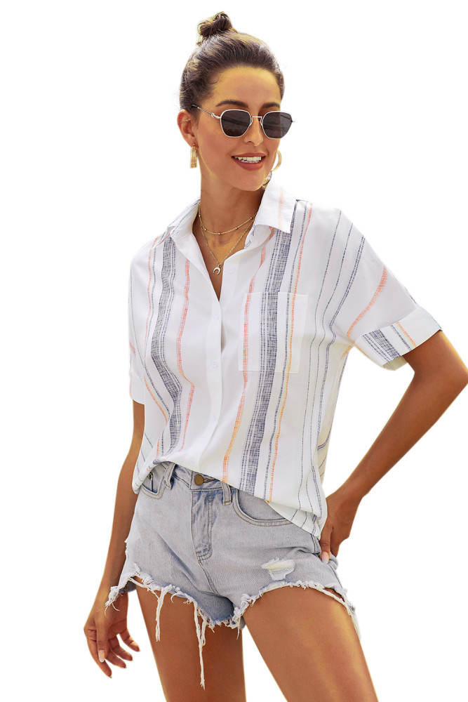 Orange V Neck Stripes Roll up Sleeve Button Down Shirt