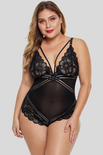 Black Plus Size Deep V Crossbody Bodysuit