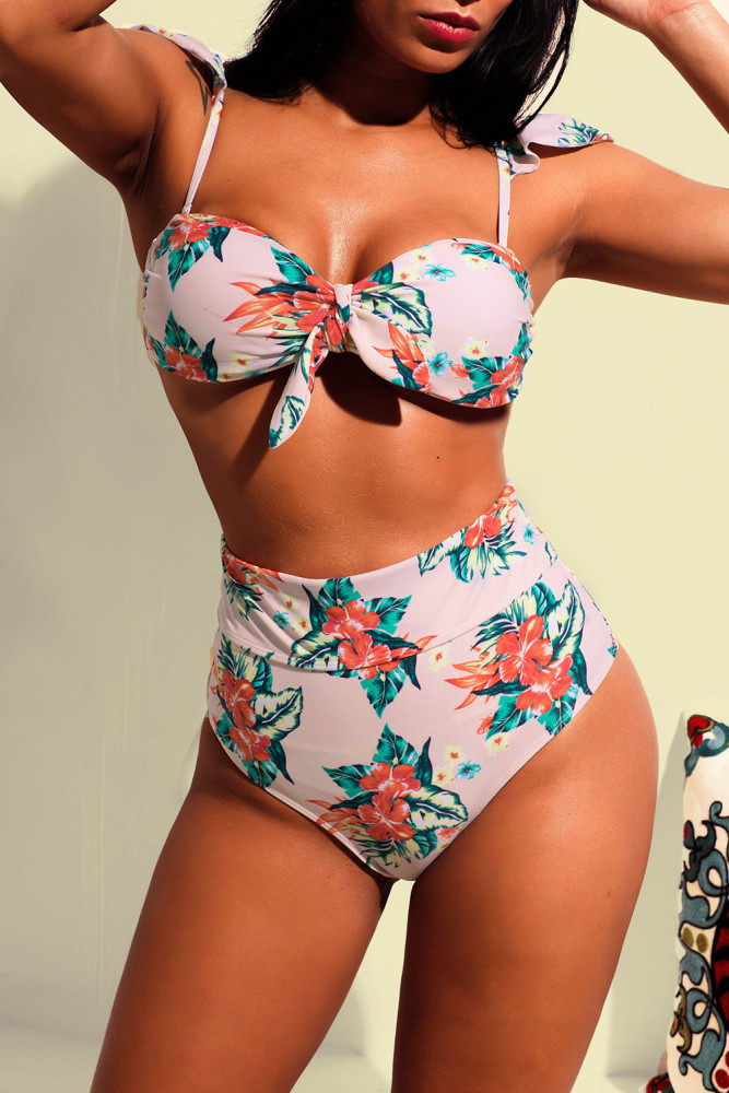 Vintage Floral Versatile Bandeau Bikini High Waist Swimsuit