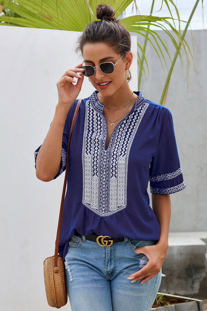 Blue Elbow Length Sleeves Front Embroidery Blouse
