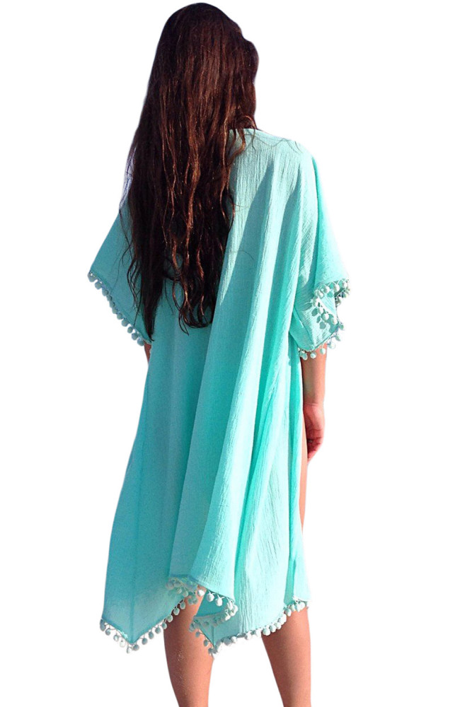 Sky Blue Pom Pom Kimono Beach Cover up