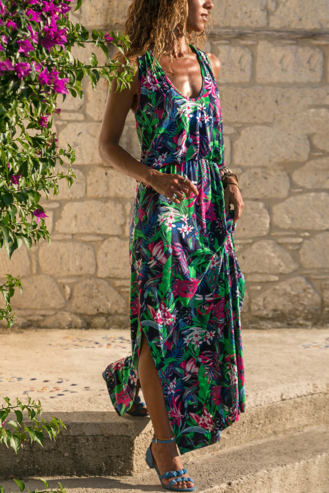 Green Twist Hollow-out Back Long Tank Dress with Print