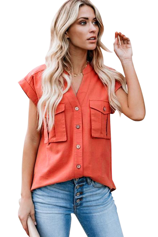 Orange Button Down Pocket Cap Sleeve Shirt