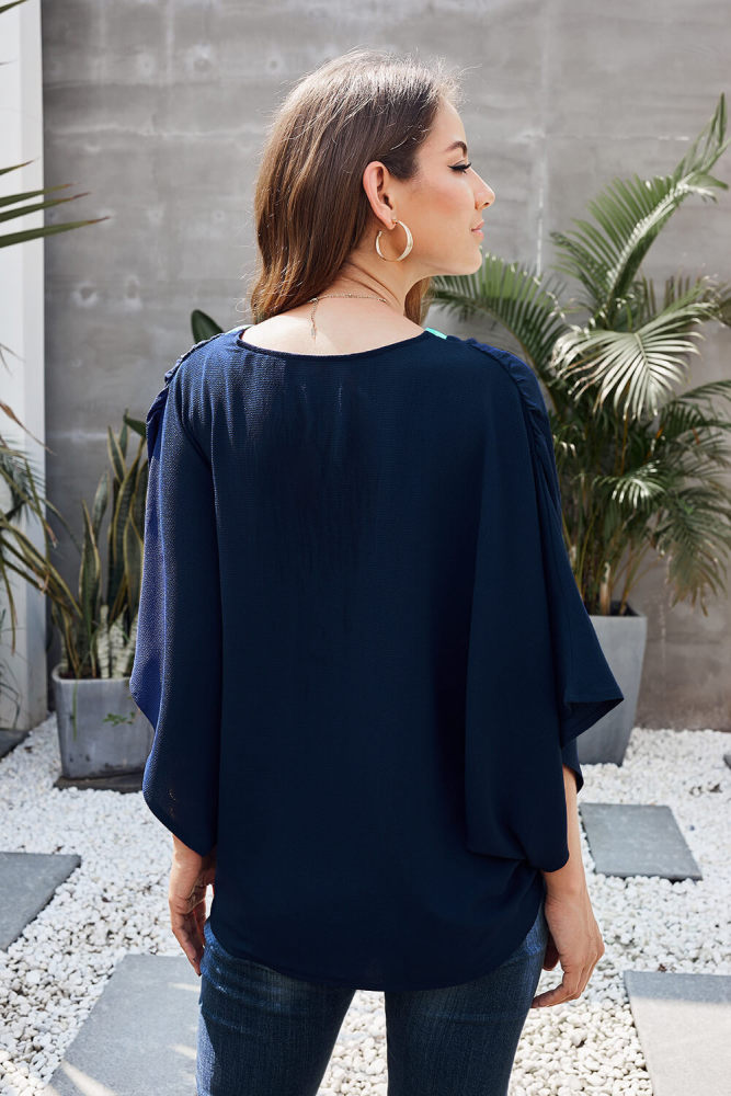 Blue Fashion Contrast Color V Neck Blouse