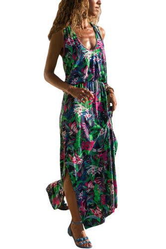 Green Twist Hollow-out Back Long Tank Dress with Print