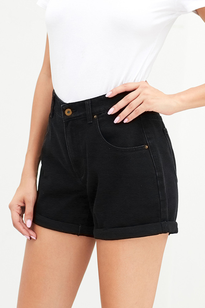Black Vintage Denim High Waisted Folded Hem Jeans Shorts