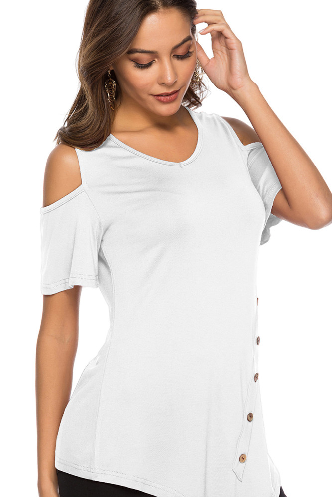 White Irregular Round Neck Cold Shoulder Blouse