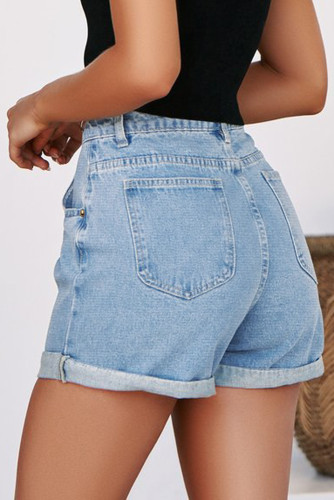 Sky Blue Vintage Denim High Waisted Folded Hem Jeans Shorts