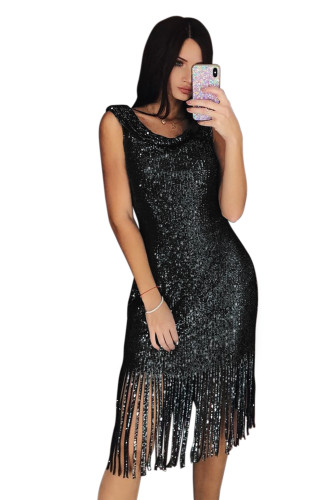 Black Fringe Hemline Convertible Style Sequin Dress