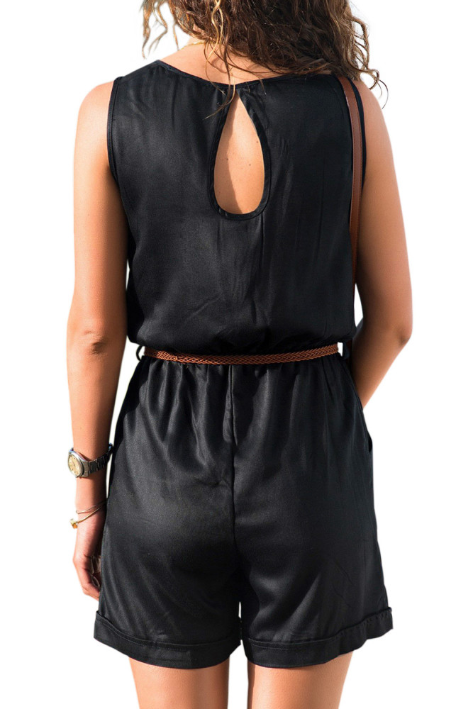 Black Yoke Buttoned Playsuit with Pockets