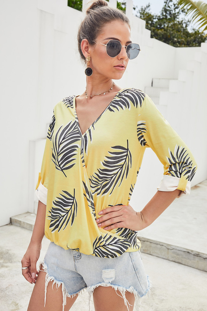 Yellow Tropical Plant & Cross Print Shirt