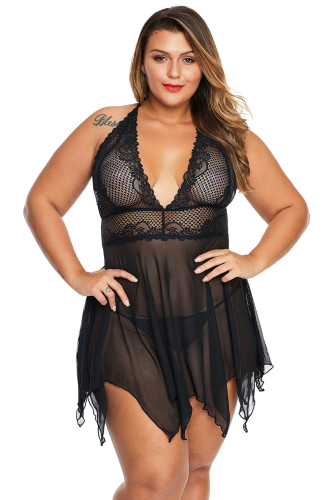 Black Deep V Neck Halter Plus Size Babydoll