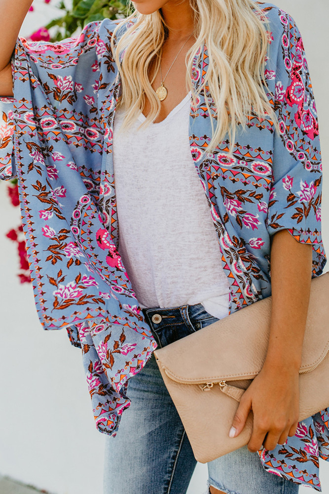 Sky Blue Floral Kimono Cardigan Open Front Cover Up