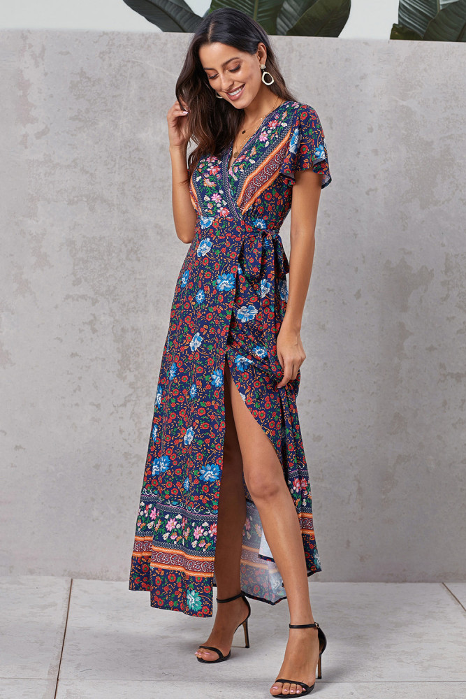 Multicolor V-Neck Beach Resort Printed Dress
