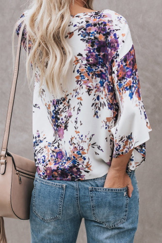 Purple Floral Printed Deep V Neck Tie Front Blouse