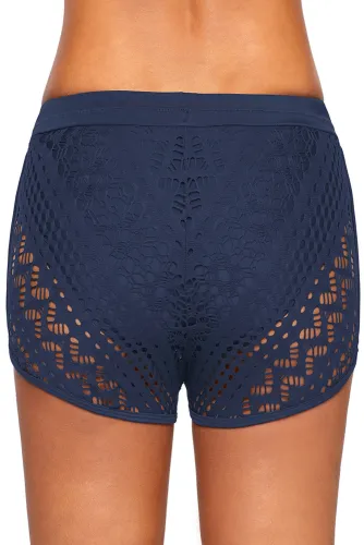 Blue Drawstring Waist Lace Panel Plus Size Swimwear Shorts
