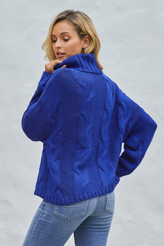 Blue Cuddle Weather Cable Knit Handmade Turtleneck Sweater
