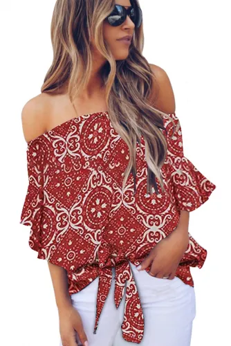 Red Bohemian Floral Print Off The Shoulder Blouse