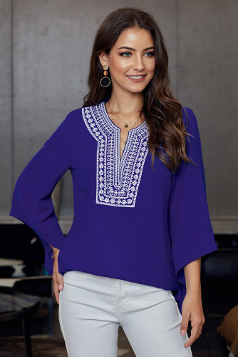 Blue V Neck Vintage Floral Print Blouse