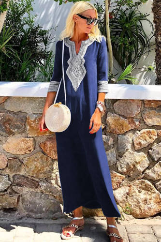Blue Casual Crochet Embroidered Slit Summer Dress