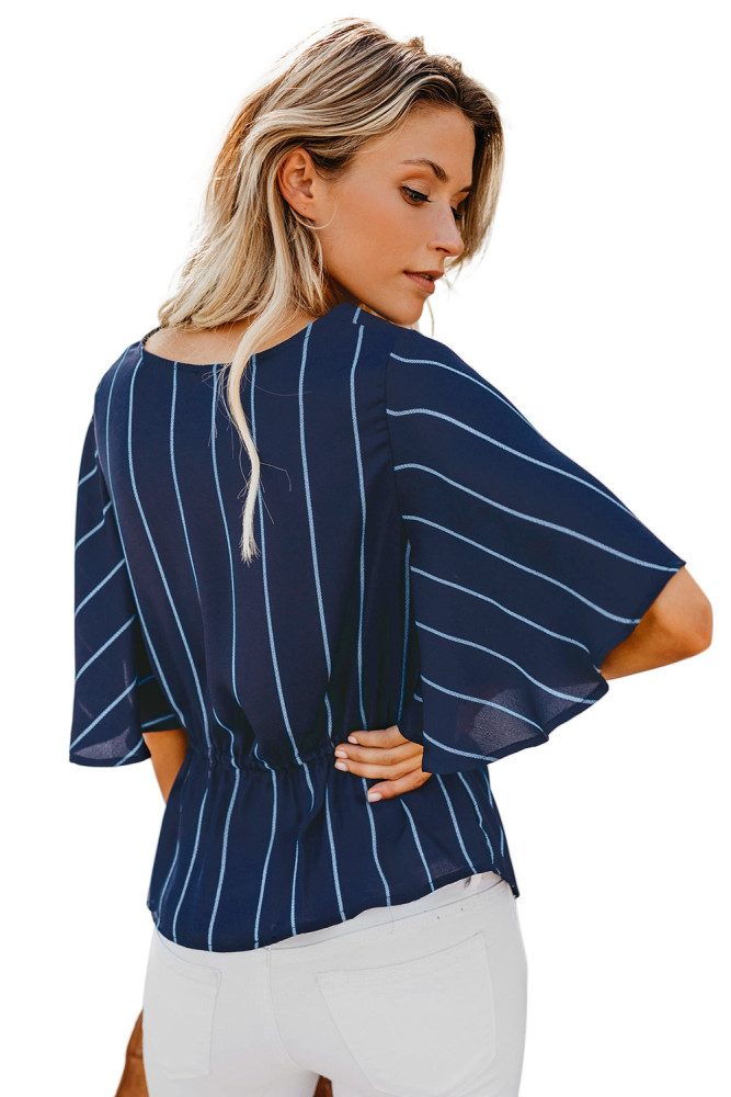 Blue Twist Front V Neck Blouse