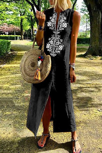 Black Sleeveless Casual Slit Geometric Summer Dress